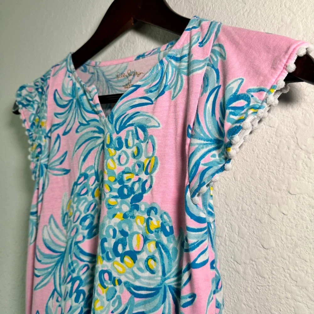 Lilly Pulitzer Girls Pink Blue Pineapple Print Cotton Dress Pom Pom Trim M 6-7